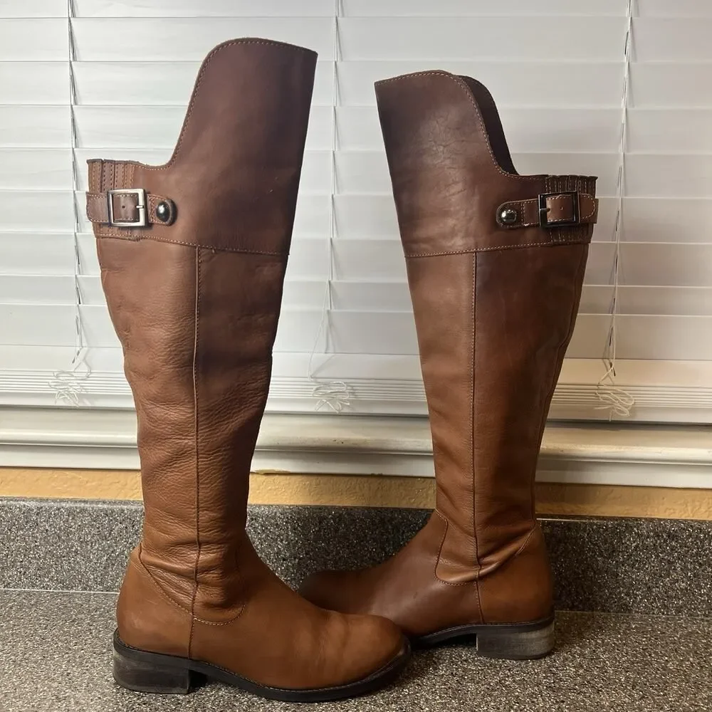 Seychelles Women’s Leather Over the Knee Boots Brown Size 7 with Toe Plates Zip